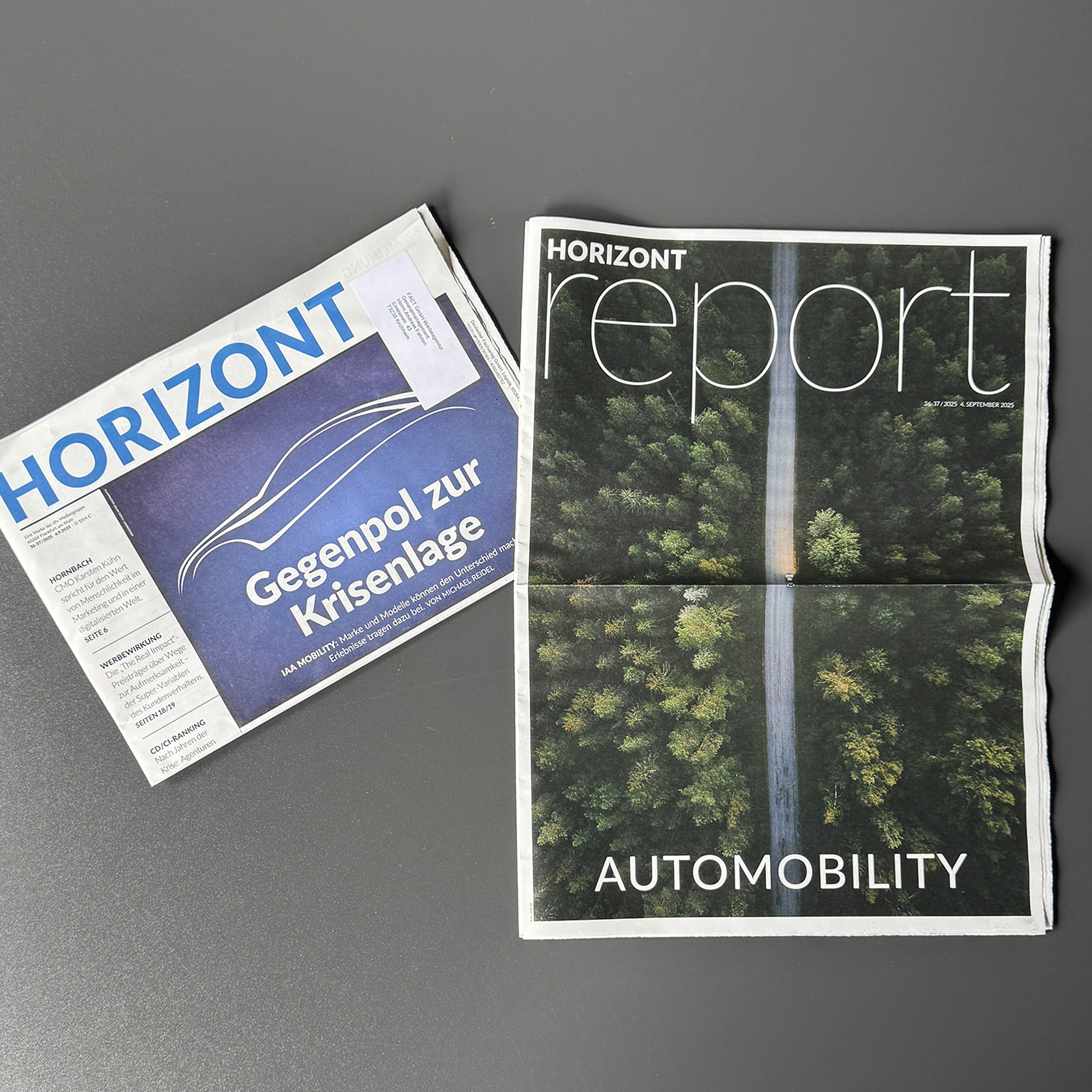 Zwei Ausgaben der Zeitschrift 'Horizont', eine mit blauem Titel und Text 'Gegenpol zur Krisenlage', die andere mit Waldluftaufnahme und Titel 'report AUTOMOBILITY'.